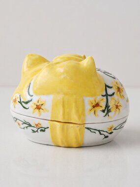 Vintage Signed EM Hand Painted Ceramic Yellow Floral Bow Jewelry Trinket Box 6”